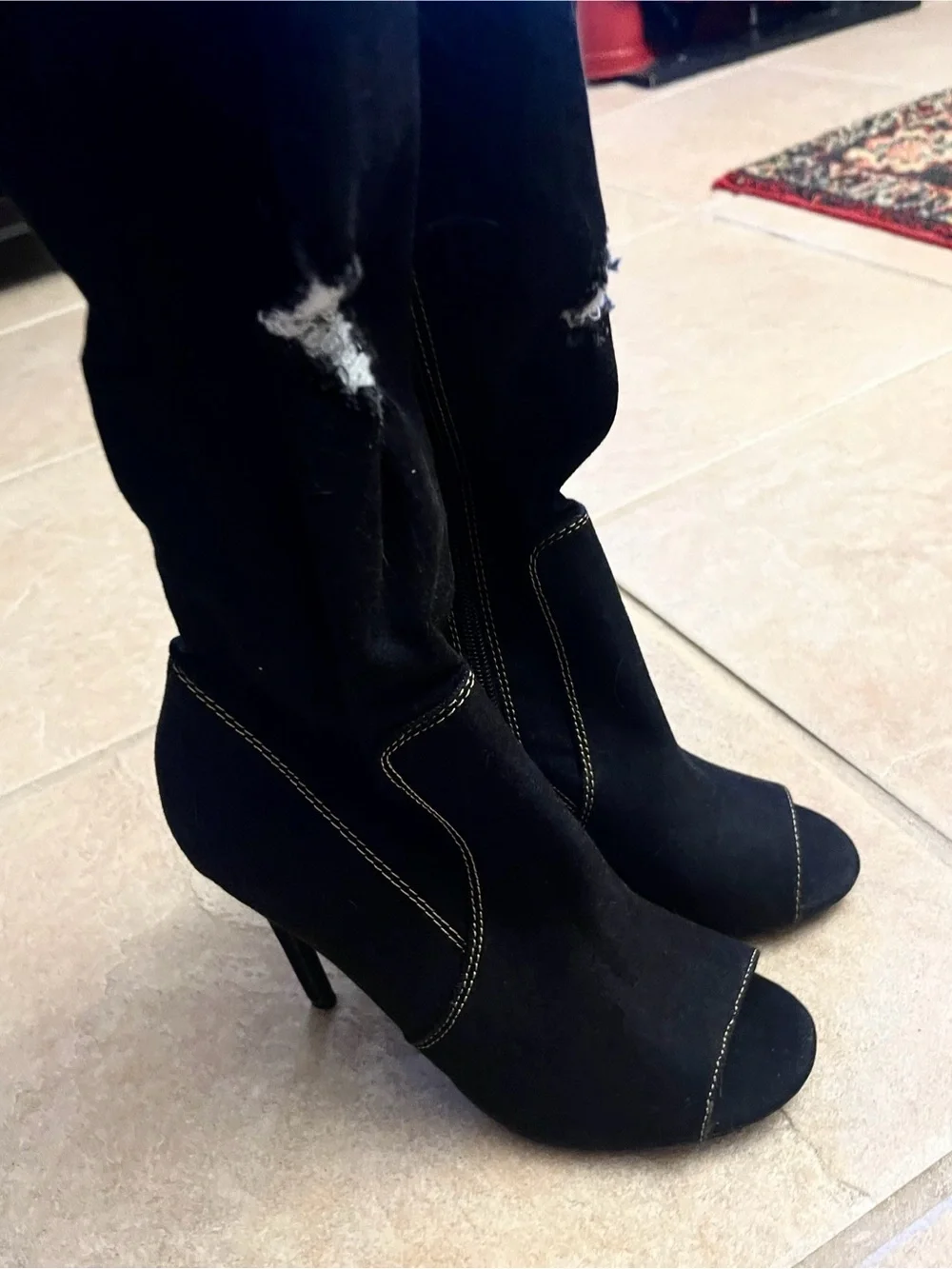 Black Stiletto High Heel Thigh High Peep Toe Stretch Black Denim Ripped Boots 8